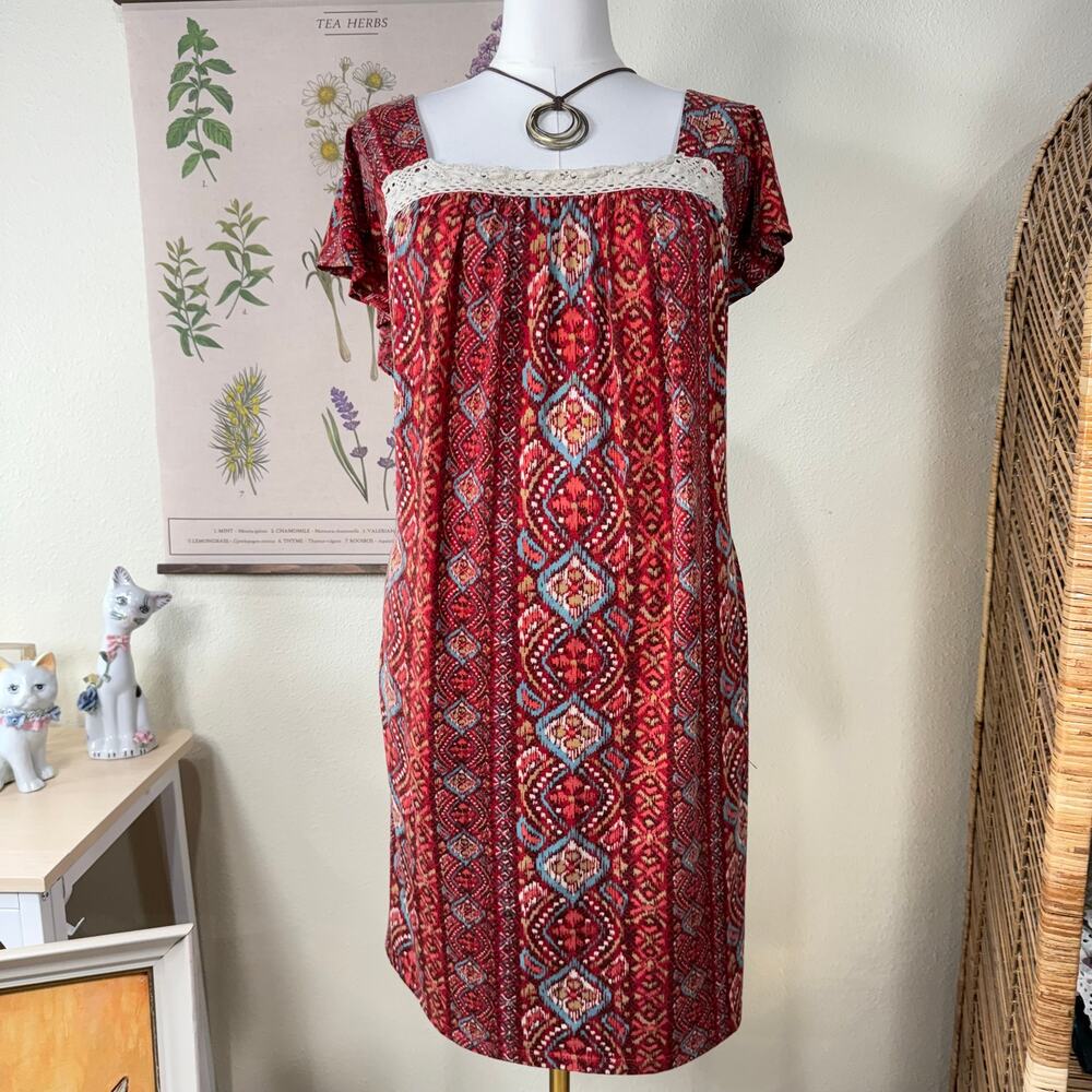 Y2k Crochet Trim Square Neck Tie Back Dress Boho Hippie Fairy Grunge Forest 2X